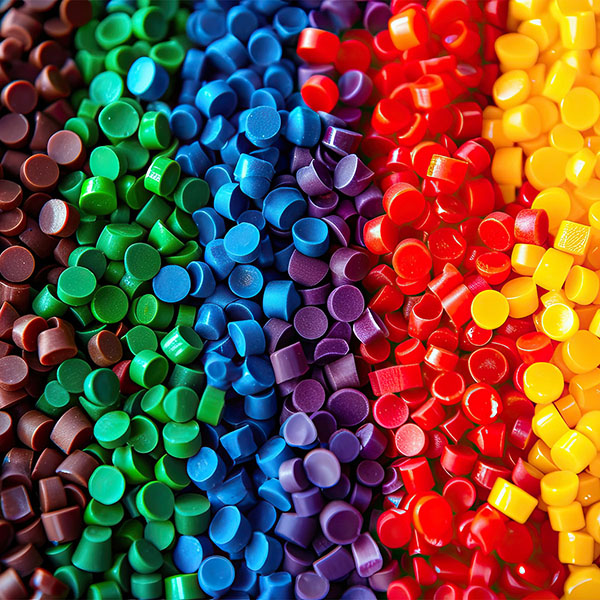 Coloured plastic granules arranged in a lines in brown, green, blue, red and yellow
