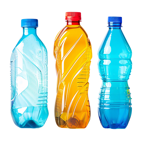 Group of 3 multi-coloured blow moulded plastic bottles in a line up