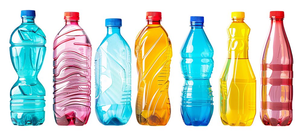 Group of multi-coloured blow moulded plastic bottles in a line up