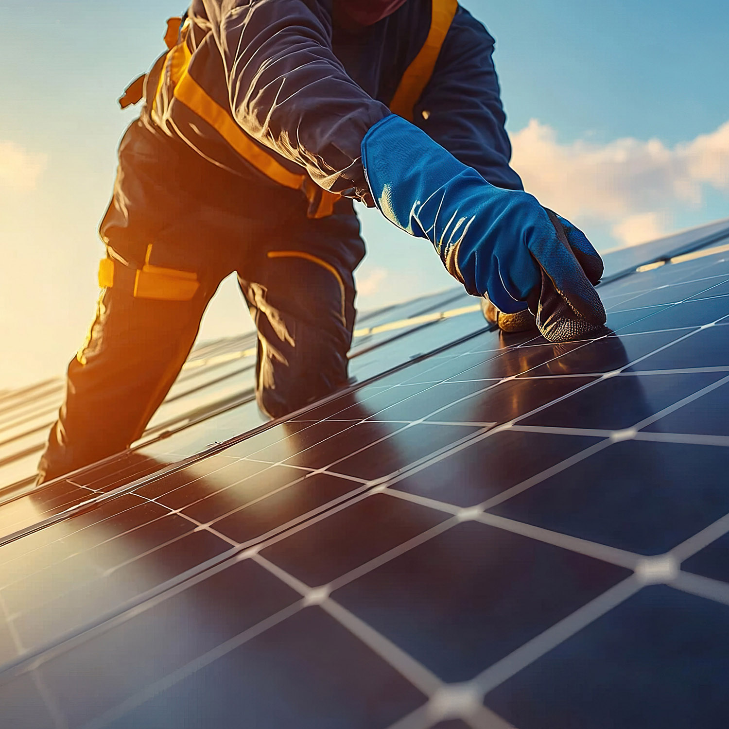 Solar panels being installed by a workman on a roof